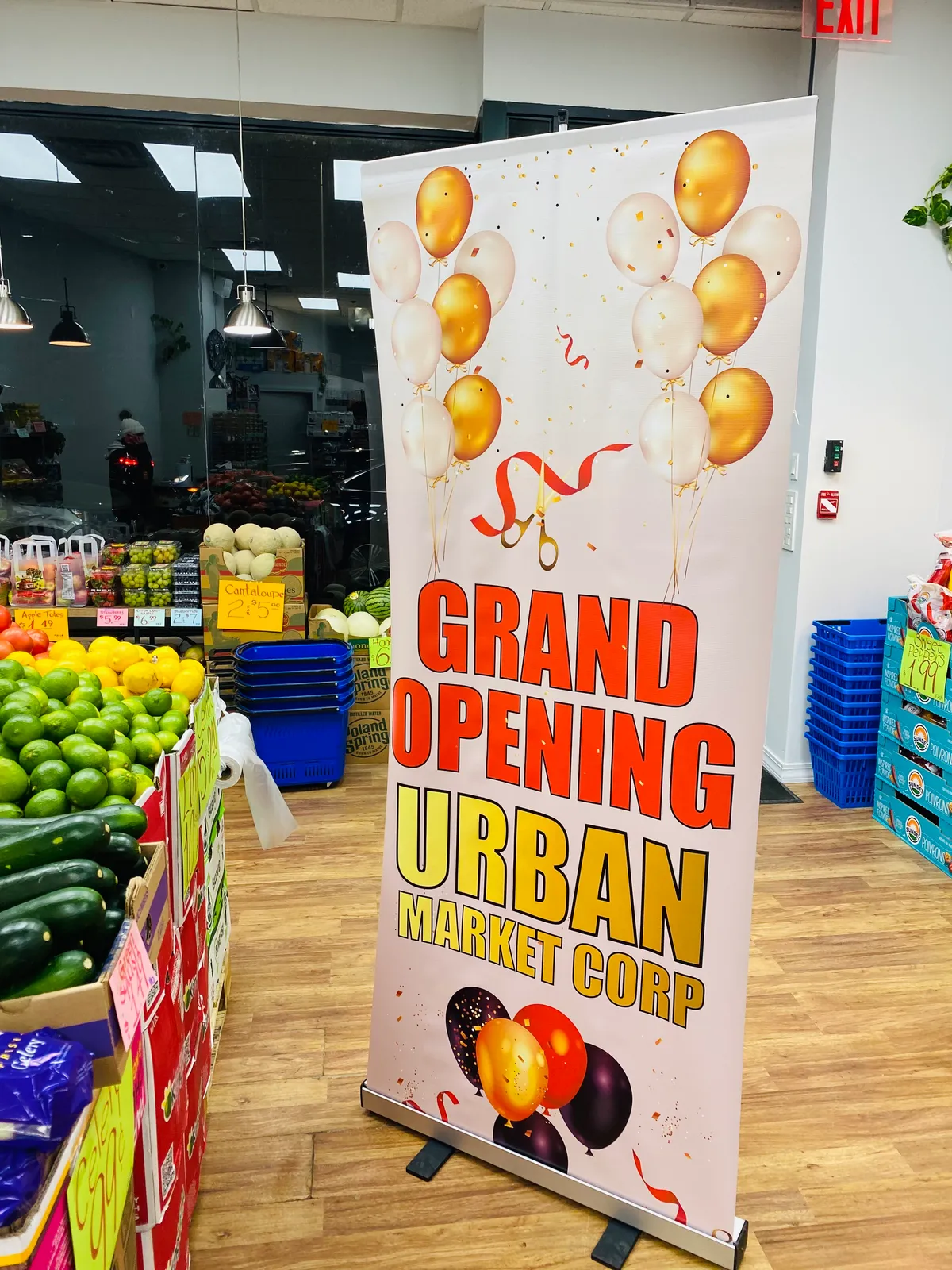 Urban Market grand opening retractable banner in NYC grocery