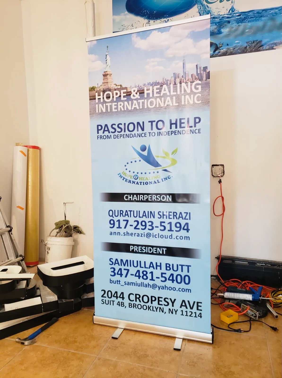 Hope and Healing International printed banner for NYC nonprofit