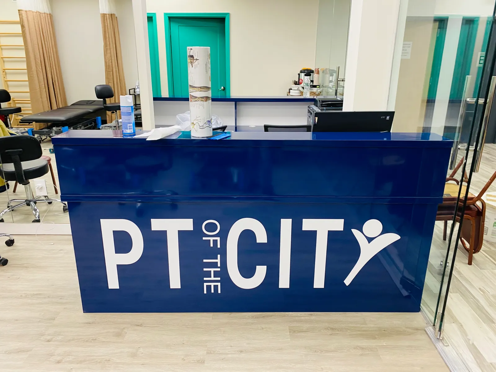 PT of the City reception desk graphic in New York office
