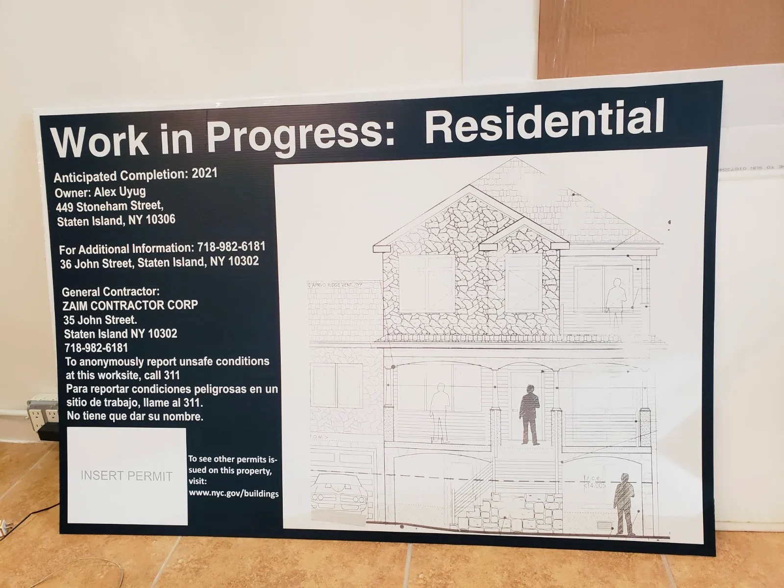 NYC Department of Buildings work in progress permit sign