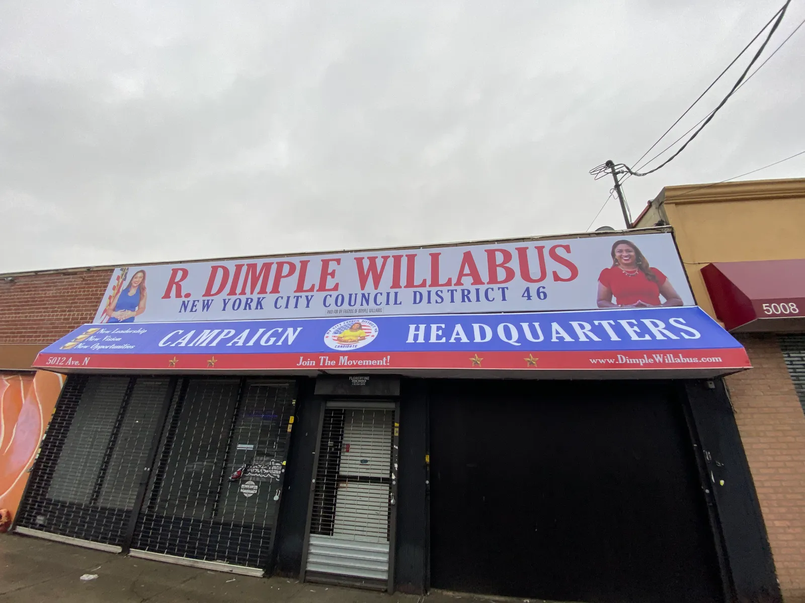 R. Dimple Willabus campaign headquarters storefront sign in Brooklyn