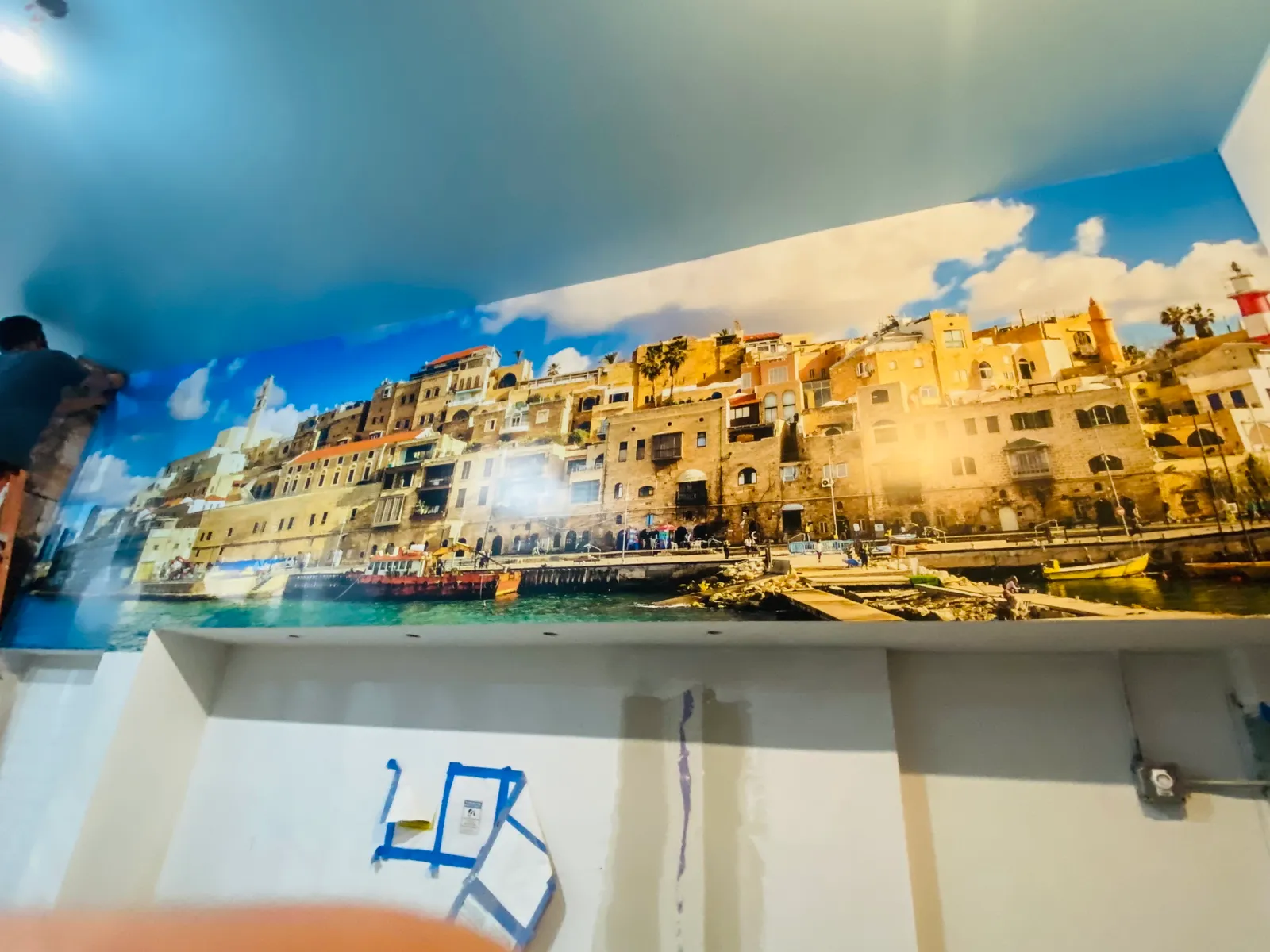 Coastal harbor wall mural printed and installed in NYC interior