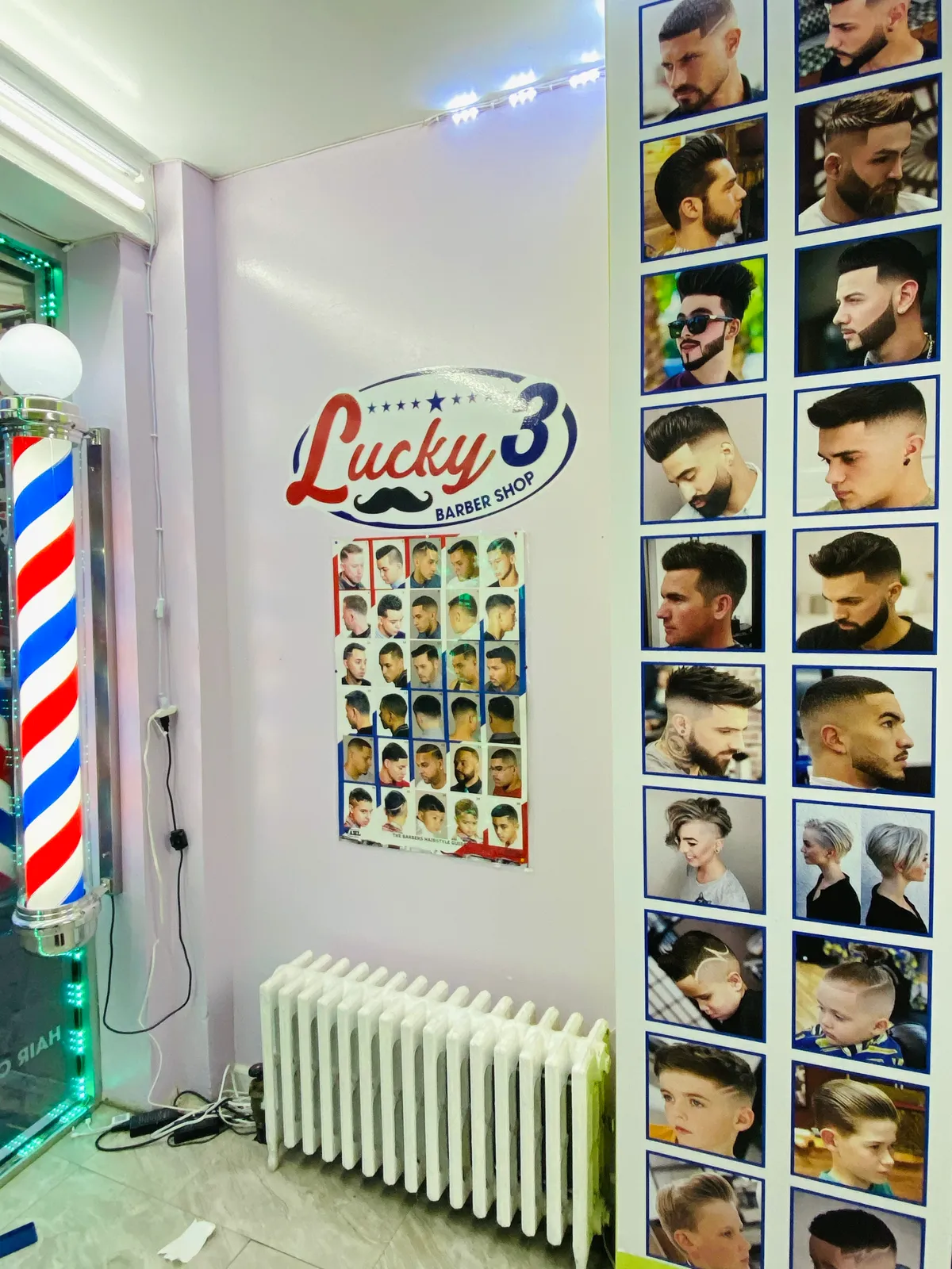 Lucky 3 Barber Shop printed wall panels and barber pole