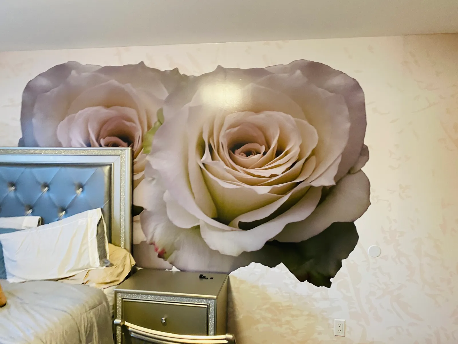 White rose wall mural installed in New York bedroom