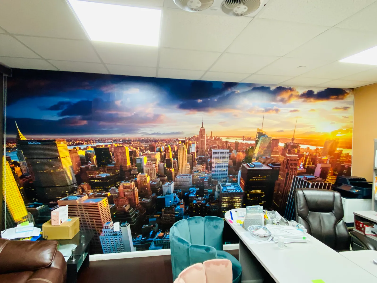 New York City skyline wall mural in Brooklyn office